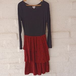 LuLaRoe Long Sleeve Teired Polka Dot Midi Dress, Stretchy, Ruffles.